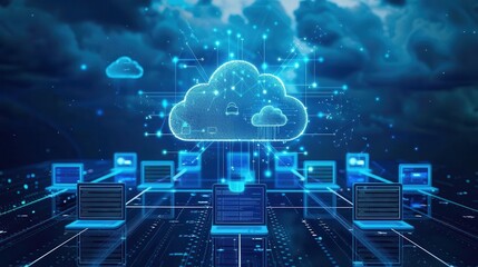 Cloud Computing A cloud icon connected to various devices like laptops, tablets, and servers...