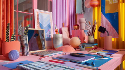 Depict a vibrant and inspiring workspace filled with design tools such as sketchbooks, digital tablets, 3D models, fabric swatches, and color palettes, reflecting the designer’s creative process