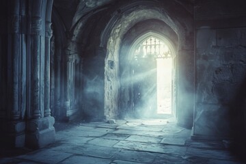 Fototapeta premium A doorway glowing with light, casting a warm glow on the surrounding area, Sealed crypt doors with ghostly light seeping out, AI Generated