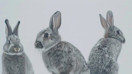 Cute gray bunnies on a white backdrop