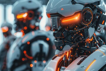 Fototapeta premium Construction is revolutionized with sunlight filtering through advanced robotic builders, depicting an ultramodern, supernatural scene, banner, with copy space