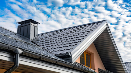 Close-up of gutters in a house with a metal roof. Construction concept.