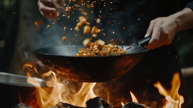 Close-up of a chef stir-frying colorful vegetables in a wok over a high flame, with vibrant sparks and steam adding to the dynamic and energetic cooking scene.