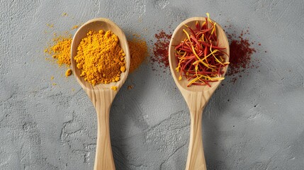 Two wooden spoons filled with vibrant yellow powder and red saffron strands rest on a textured gray surface. This image captures the essence of culinary craftsmanship and exotic flavors.