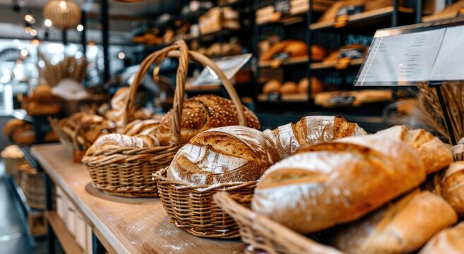 Assortment of Fresh Artisan Breads in Wicker Baskets at a Bakery