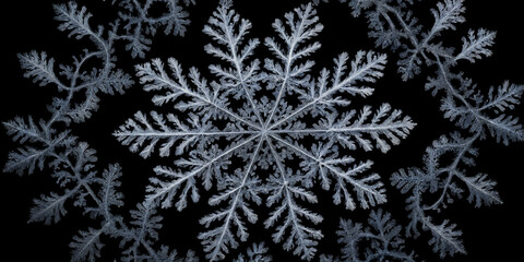 Detailreiche Schneeflocken in symmetrischen und filigranen Mustern auf schwarzem Hintergrund, die die Schönheit und Komplexität der Eiskristalle hervorheben