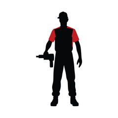 a labour worker stand with a machine stylish pose, stand with a drill machine, silhouette, solid color silhouette, isloated white background (35)
