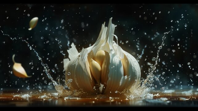 A garlic bulb dramatically bursts apart with garlic cloves and fragments flying amidst smoky, intense lighting. The close-up shot captures the raw energy and dynamic motion, ideal for food-related