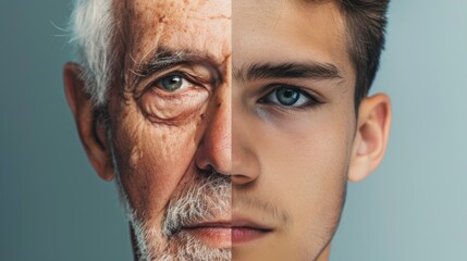 Obraz premium A split-image juxtaposition of an elderly man's face with a young man's face side by side, symbolizing the passage of time, age comparison, and generational contrast.