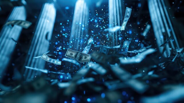 Quantitative easing is visualized with sunlight filtering through a holographic money supply flow, forming an ultramodern, supernatural scene, banner, with copy space