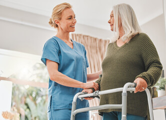 Senior patient, nurse and walker for help in house, physiotherapy and mobility or recovery in...