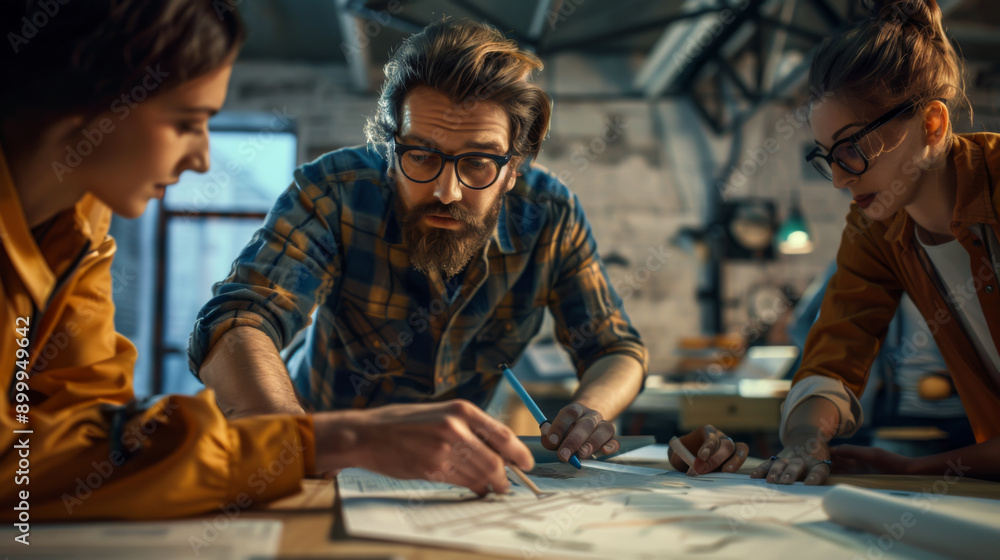 Aufkleber a group of engineers in a hard hat are working on a project, creating a project on paper against the