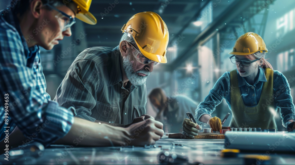 Aufkleber a group of engineers in a hard hat are working on a project, creating a project on paper against the