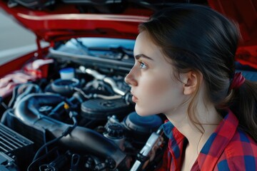 Young Woman Examining Car Engine in Red Vehicle for Maintenance and Repair