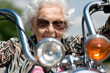 Elderly Woman Riding Motorcycle with Sunglasses on a Sunny Day
