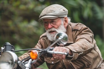 Elderly Man Riding Vintage Motorcycle in Nature Wearing Leather Jacket and Cap