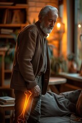Obraz premium Elderly Man Contemplates Life in Warmly Lit Room While Observing Annotations on His Leg