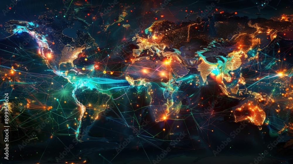 Poster global network of interconnected lines and cities at night