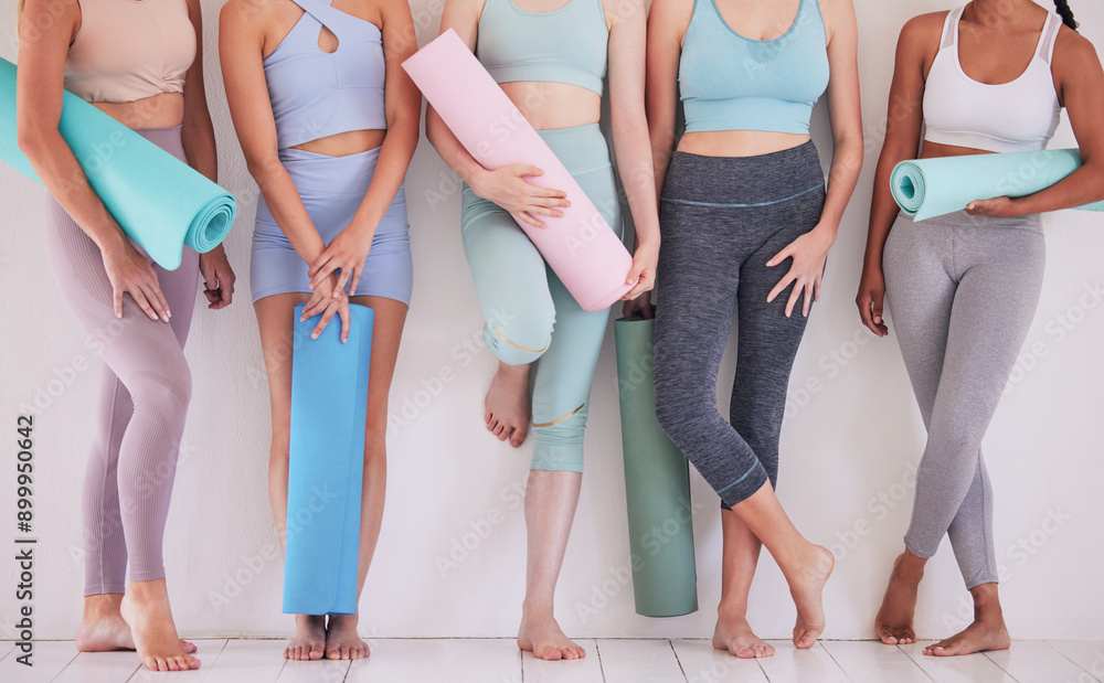 Sticker Women, yoga mat and studio with feet, fitness and wellness for mindful, wellbeing and health. Group of people, legs and gym for balance, class and together for physical activity, training or practice