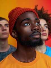 Obraz premium Diverse Group of Young Adults Posing Against Vibrant Background in Urban Setting