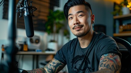 A young cheerful guy of Asian appearance, with a beard and tattoos on his arms. A guy with a microphone hosting a podcast with a smile on his face.