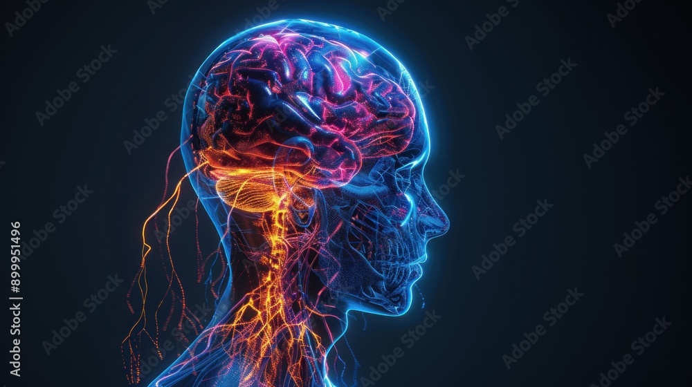 Poster A glowing digital rendering of a human head with a detailed brain and spinal cord