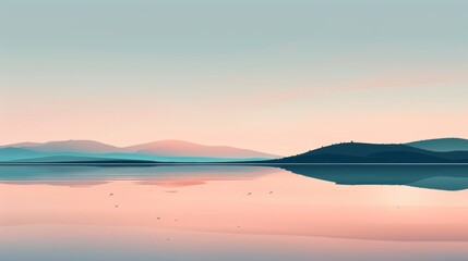 Fototapeta premium Serene Landscape of a Tranquil Lake Reflecting Mountains at Sunrise