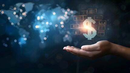 Hand holding a glowing digital dollar symbol against a world map background..