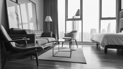 A modern living room with a city view featuring a sofa armchair coffee table and rug