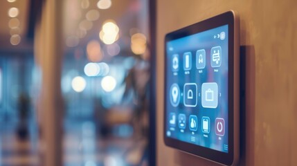 Wall-mounted digital touchscreen with icons for hotel room control