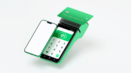 Contactless payment by credit card and mobile phone banking empty screen through the terminal 3d...