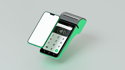 Contactless payment by credit card and mobile phone banking empty screen through the terminal 3d...