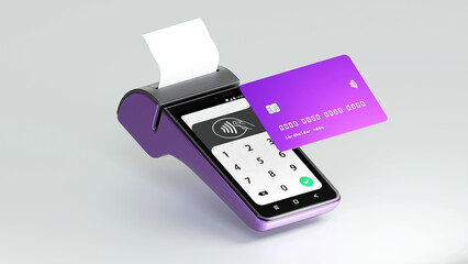 Contactless payment by credit card and mobile phone banking empty screen through the terminal 3d rendering on isolated white backround.