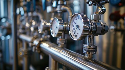 Closeup of a shiny pressure gauge attached to a metal pipe in an industrial setting