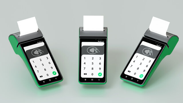 Contactless payment by credit card and mobile phone banking empty screen through the terminal 3d rendering on isolated white backround.