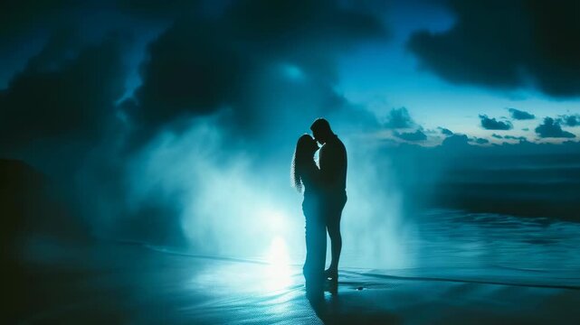 A young couple embraces at night on a beach with dramatic lighting creating silhouettes against dark clouds. The atmosphere is romantic and mysterious, with gentle waves in the background.