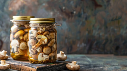 rustic homemade preserved mushrooms in glass jars on wooden kitchen table