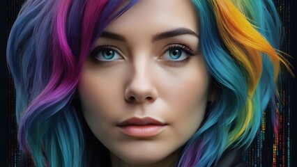 close up young woman face portrait with blue eyes and colorful dyed short hair