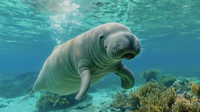 Graceful dugong swims in clear blue water over coral reef - wildlife scene.