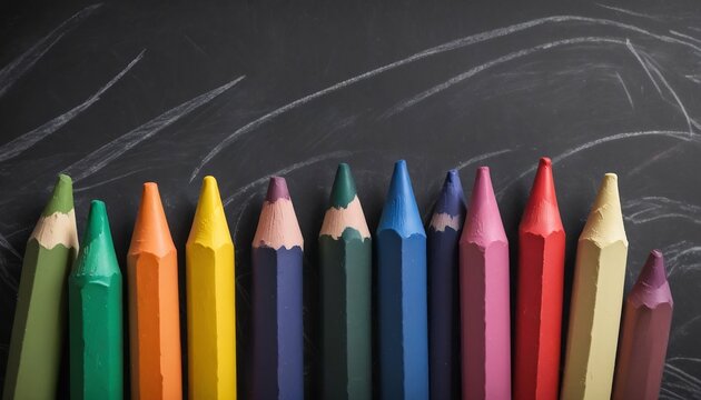Colorful crayons on the blackboard, drawing. Back to school background or banner for header created with generative ai.