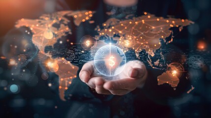 Modern financial technology featuring digital icons and a global network theme