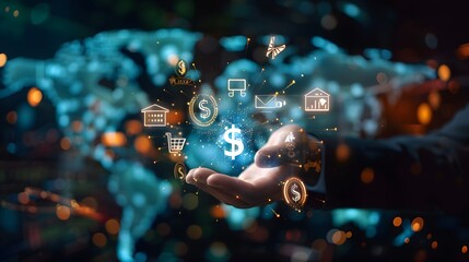 Modern financial technology featuring digital icons and a global network theme