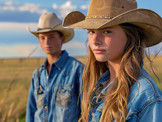 Two young people wearing cowboy hats and blue jeans stand in a field.