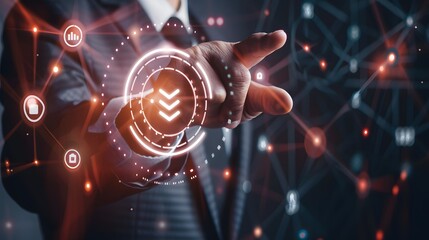 Corporate figure interacting with holographic quality certification interface