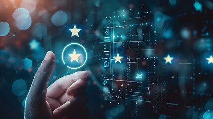 Digital interface with a hand selecting a five-star rating in a virtual environment