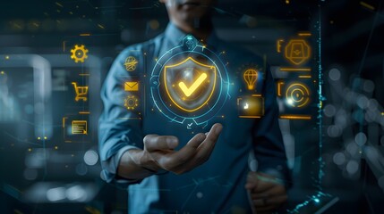 A person in a blue shirt presenting a glowing digital security shield visualization