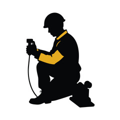 a worker working with grinder machine, sitting on the ground with one leg, vector silhouette, white background 
