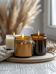 Hand made candles at glass jars, soft atmosphere, on the table, soy wax candles