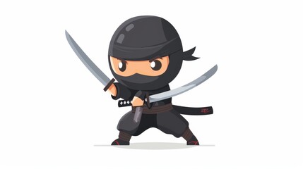 Standing in a combat stance, the cute ninja shinobi holds a katana. This vector illustration is isolated on a white background.