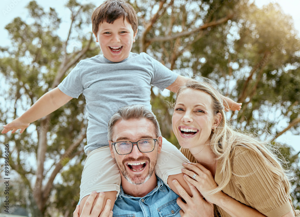 Sticker Portrait, parents and child on shoulder outdoor for playful game, family bonding and support of love in backyard. Smile, woman and man with boy for trust, security and care for hug together in nature